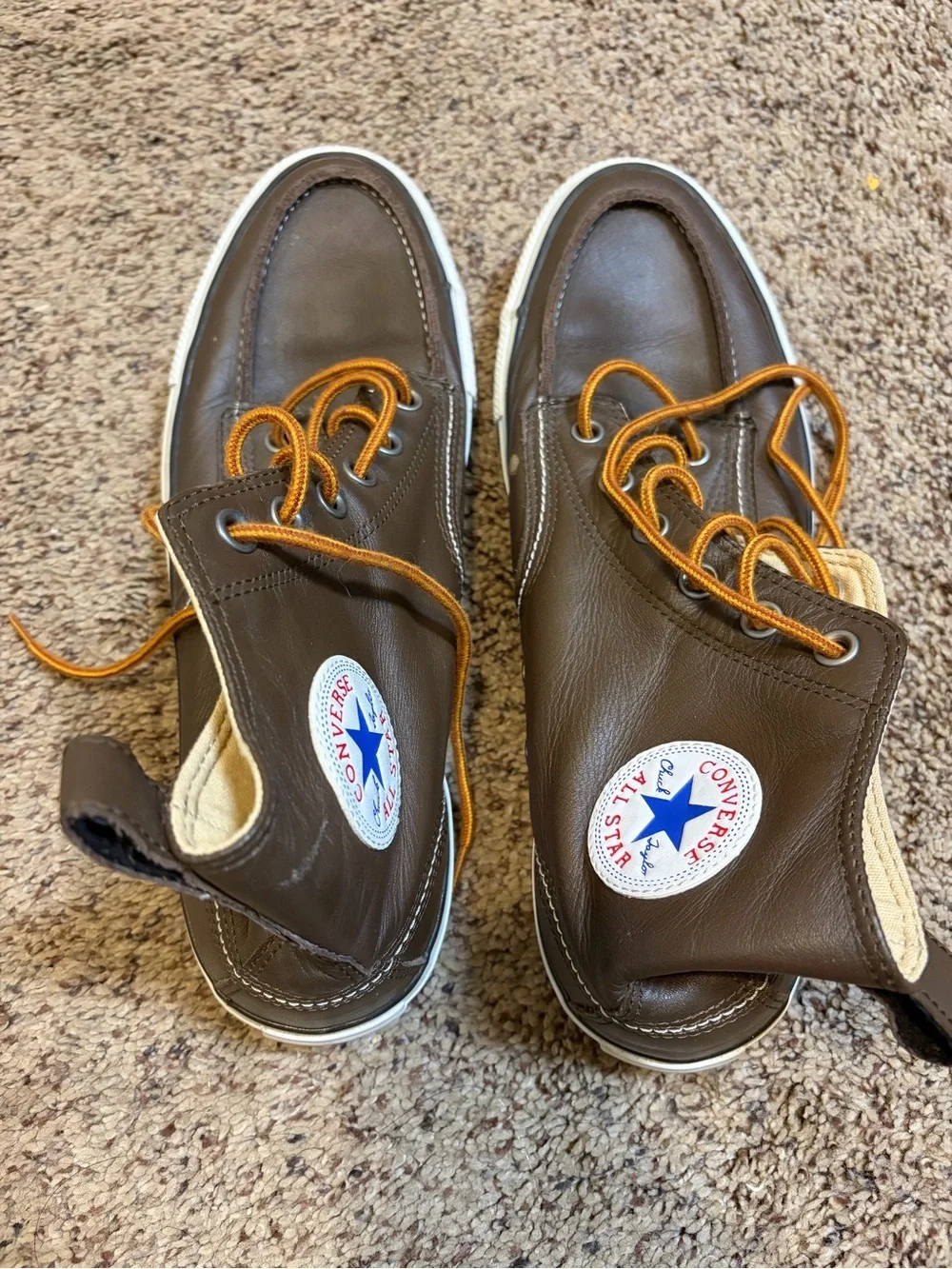 Converse Brown Leather High-Top Sneakers with Orange Laces 10 chukka